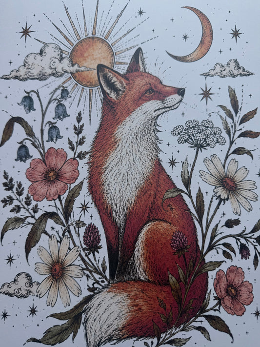Whimsical Fox Pen and Watercolour Print