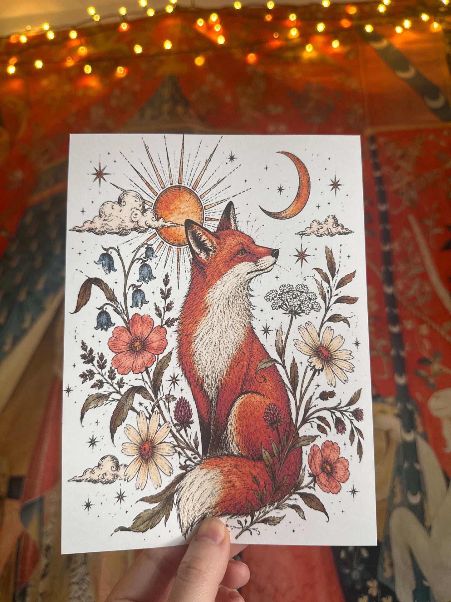 Whimsical Fox Pen and Watercolour Print