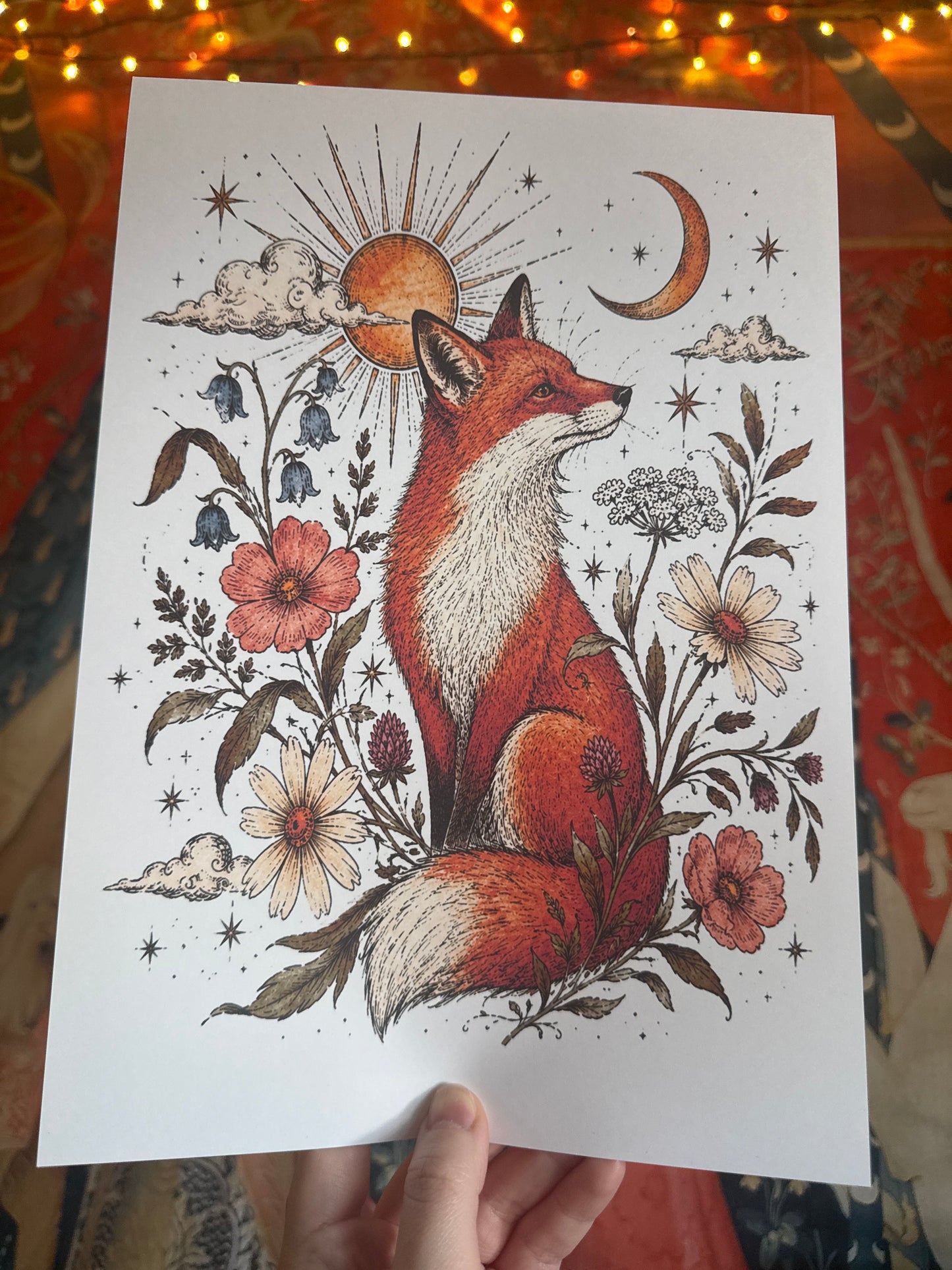 Whimsical Fox Pen and Watercolour Print