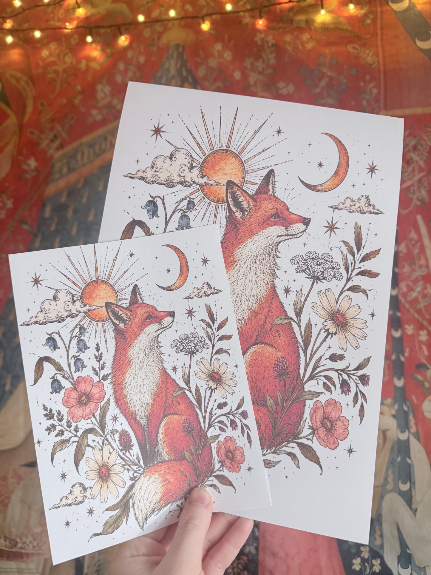 Whimsical Fox Pen and Watercolour Print