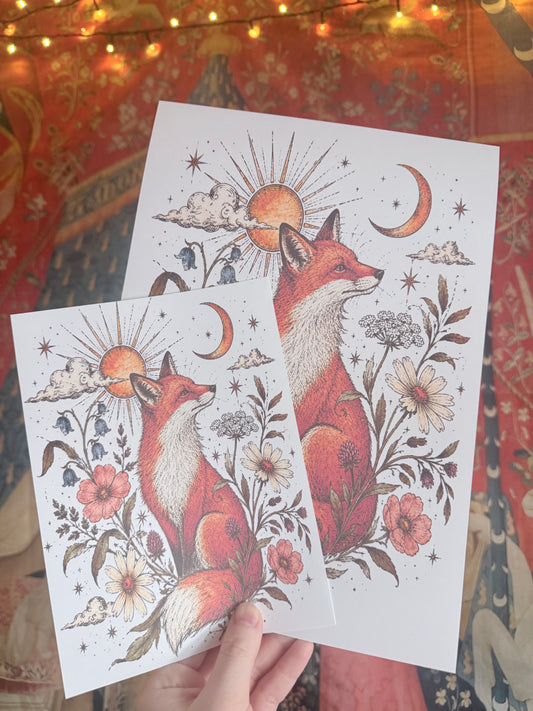 Whimsical Fox Pen and Watercolour Print